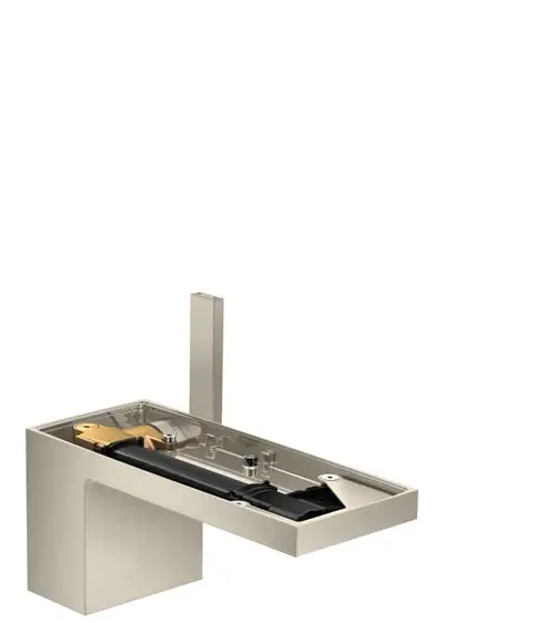 Ein Waschtischmischer in gebürstetem Nickel-Finish mit Push-Open Ablaufgarnitur. Das Design ist modern und minimalistisch, hergestellt von AXOR.
